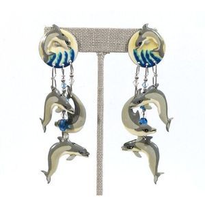 Lunch at the Ritz Dolphin Dance Dangle stud Earrings 14k gold posts rare retired